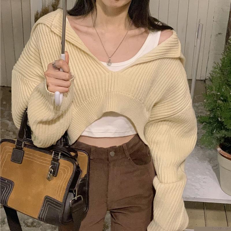 Women's Knitted Pullover Loose Fit V Neck Long Sleeve Knitted Sweater Cropped Top Hooded Autumn Winter Outfits