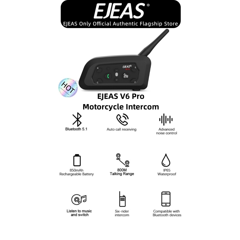 Ejeas V6 Pro Bluetooth Motorcycle Helmet Intercom Headset, Bluetooth 5.1 with 850mAh, CVC Noise Reduction 1 Pack