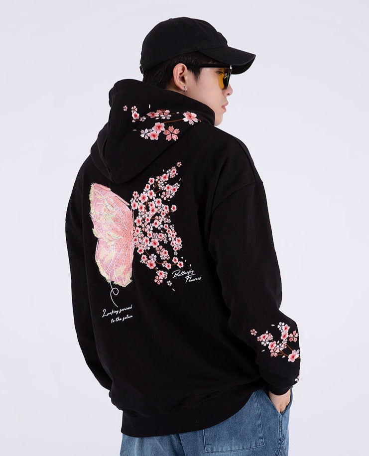 Cherry Blossom Butterfly Embroidered Hoodie