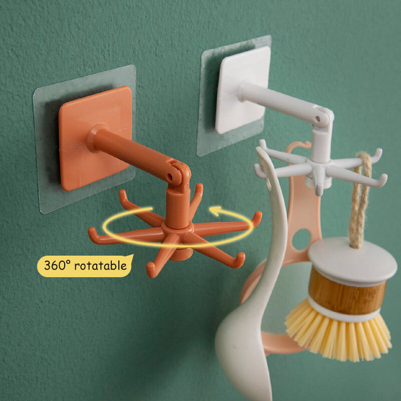Homy 360° Rotatable 6-Hooks Hanger Kitchen Small Hook Wall-mouted Hook Self-Adheisve Hook Rack for Kitchen Bathroom Adjustable Multifunctional Kitchen Hooks